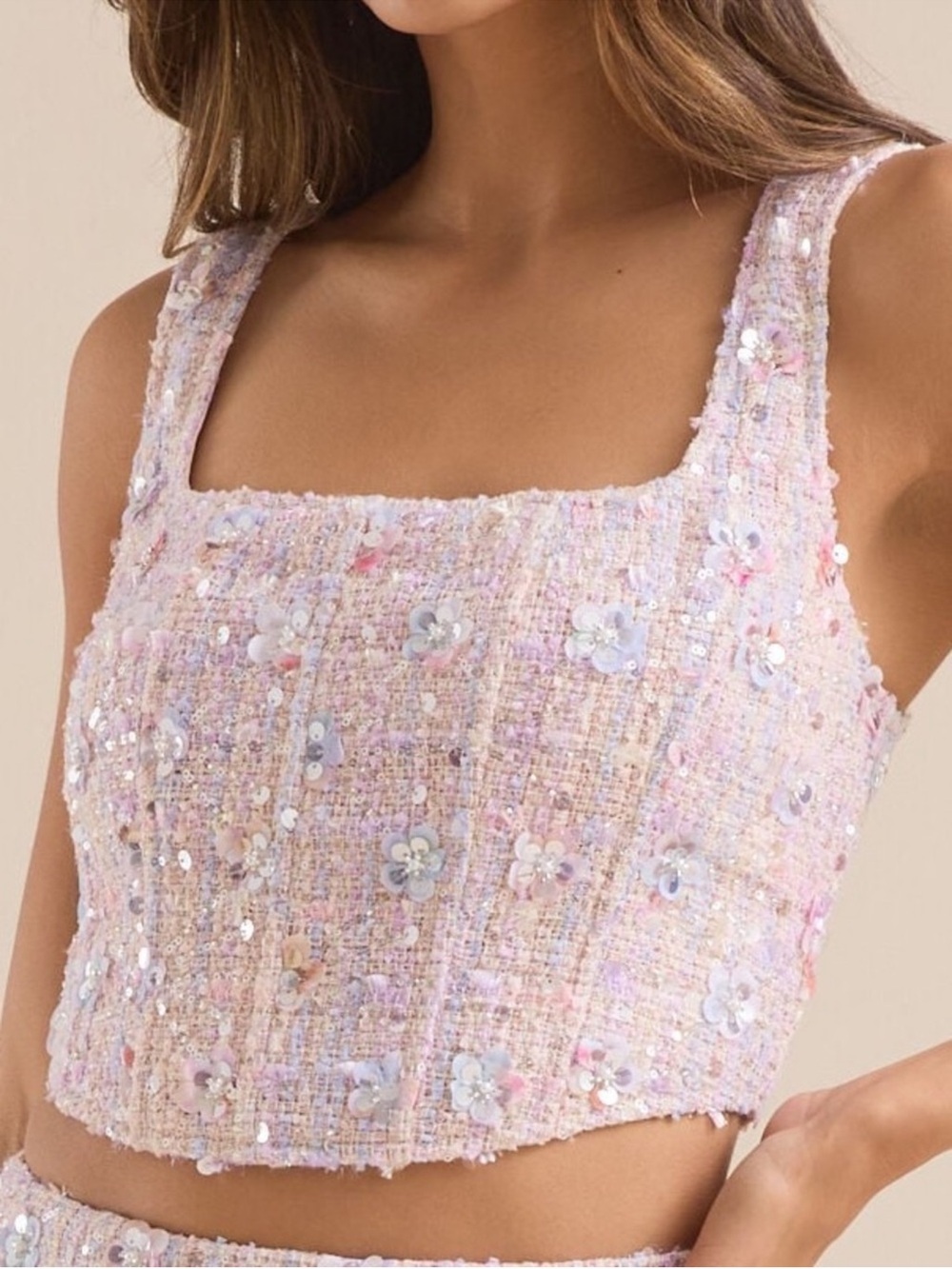 Pristine Altar’d State Regina 3D Floral Tweed Corset Sequin Top Medium - Picture 2 of 13